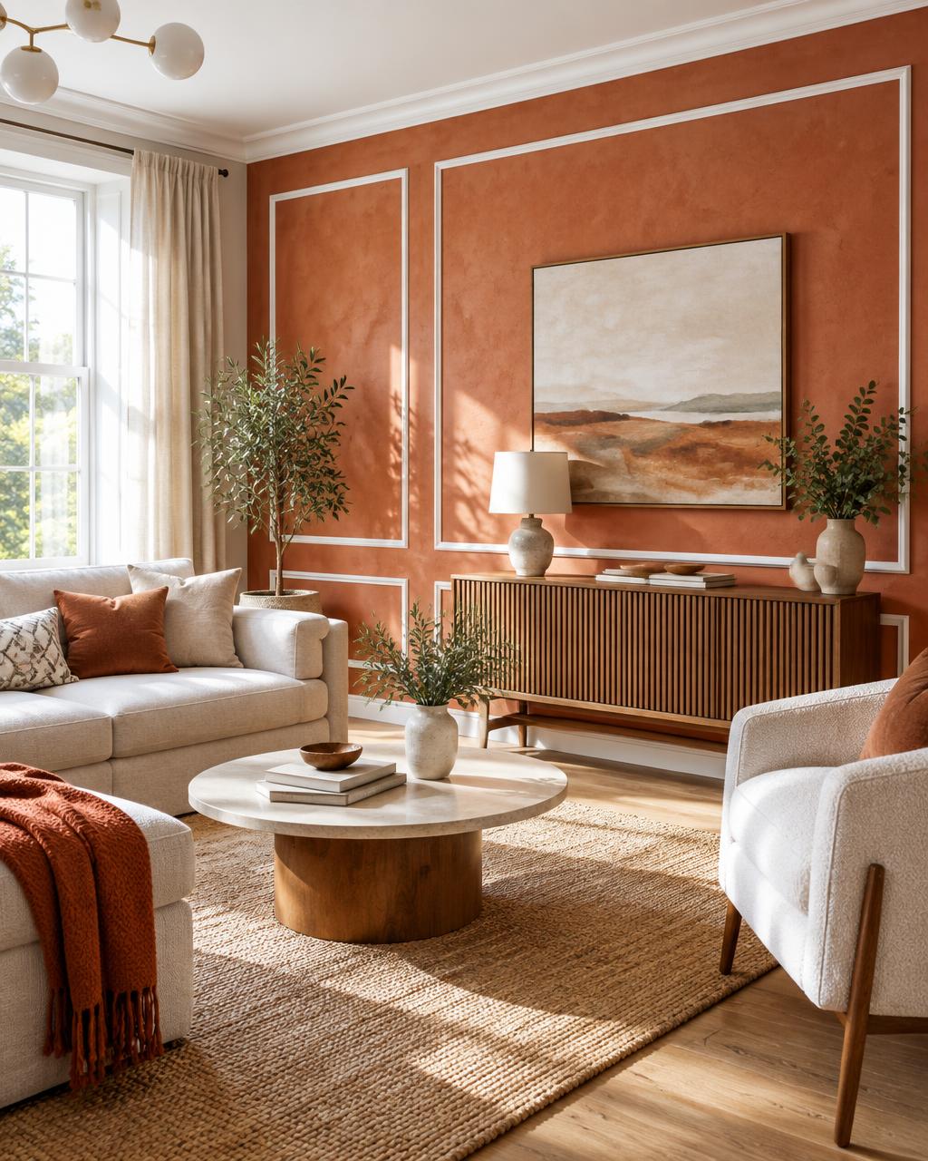 Living modern cu perete decorativ texturat și profile decorative